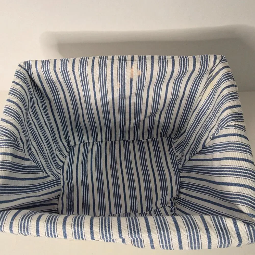 White Woven Storage Basket Blue White Stripe Fabric Liner Farmhouse Organizer